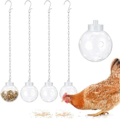 4 Pcs Chicken Treat Dispenser Interactive Slow Feeder Hanging Chicken Treat Ball with Chain Pecking Toys for Hens, Poultry Coop Accessories