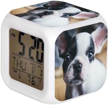 7 Colors LED Alarm Clock Digital Thermometer Alarm Clock Night Light for Kids Bedroom Home Decor French Bulldog Puppy