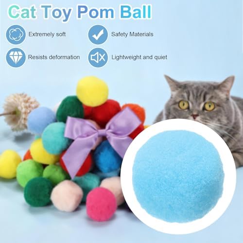 Cat Toy Pom Ball, Interactive Cat Ball Toys Fuzzy Pompoms (Plush, 1.2Inch, 30Pcs, Blue Tones) for Kittens Pet Enrichment Training Play Indoor