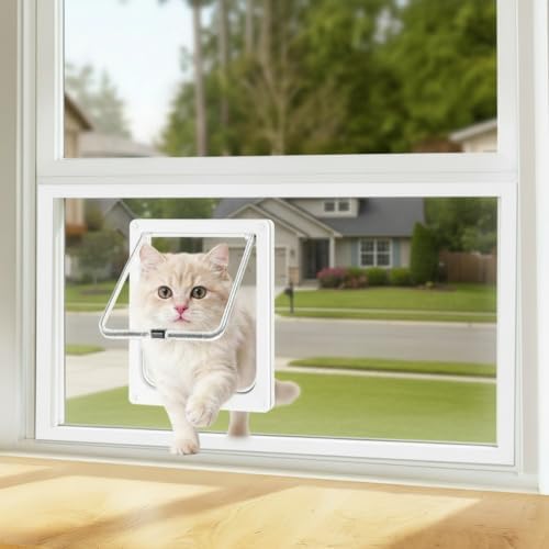 Cat Window Door Insert, Fits 14-24 Inch, Frosted Plexiglass, 4 Lock Modes