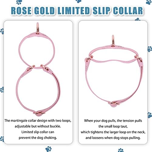 Soft Leather Martingale Dog Collar - Adjustable Rose Gold Limited Slip Collars [Easy to Clean], Stylish Durable Heavy Duty Nylon No Pull Training Collar for Small Medium Large Dogs L Pink