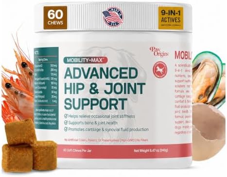 Mobility Max Dog Hip and Joint Supplement with Glucosamine, Chondroitin, MSM & Vitamin C – Hip and Joint Chews for Dogs – 9-in-1 Advance Formula – 60 Bacon Chews for Active & Senior Dogs, 240g