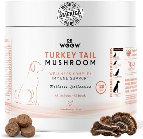 Dr. Woow Turkey Tail Mushroom for Dogs | Immune Support Dog Supplements | Natural Soft Chews w/ 7 Mushroom Blend & 6 Probiotic Strain for Dog Joint Support, Gut Health, & Overall Wellness | 120 Chews