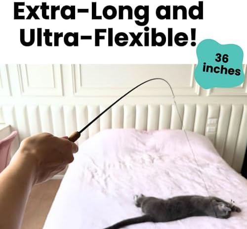 Forever Stick and 3 Strings including Chew Proof Metal Wire - The Unbreakable Cat Wand Toy, Durable Cat Toy Wand, Extra Long Cat String Toy, Cat Fishing Pole Toy for Bored Indoor Adult Cats, Stick Toy
