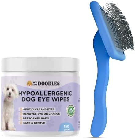 We Love Doodles Dog Eye Wipes & Dog Slicker Brush - Pre-Soaked Eye Wipes for Dogs, Tear Stain Remover for Dogs, Pet Eye Wipes, Long Pin Brush for Dematting, Dog Brush for Grooming Pet Hair