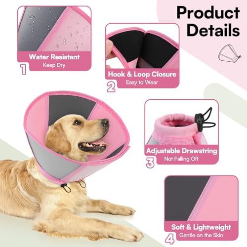 Queenmore Dog Cones for Large Dogs, Adjustable Dog Cone Collar After Surgery, Soft Cone for Dogs, Comfortable Recovery Cones Alternative for Pets to Stop Licking (Light Pink,XL)