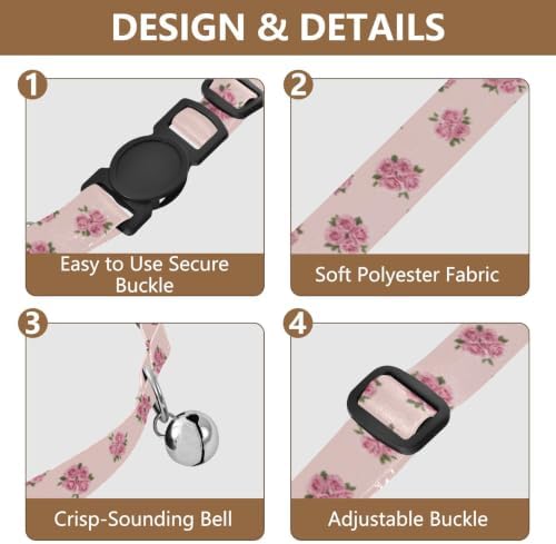 2 Pack Cat Collars Cute Puppies Roses Small Dog Collar with Bell, Adjustable Length 10.6" to 17.1"
