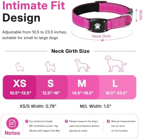 GPS Dog Collar with Tracker, Waterproof, No Monthly Fee, Hot Pink, XS | Works with Apple Find My, iOS Only, MFi Certified, No SIM Card, for Small Dogs, Reflective Padded Nylon, Neck 10.5-13.5 in