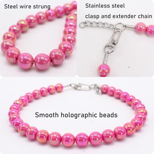 Iridescent Hot Pink Beaded Dog Collar, Fashion Pet Necklace for Large Dog