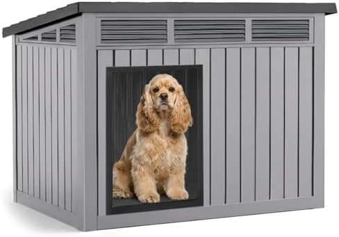 VIXZEN Dog House Indoor Outdoor,Waterproof Dog House for Small to Large Dogs,Doghouse with Air Vents & Elevated Floor,Openable at the Top,Easy to Assemble & Clean, Grey