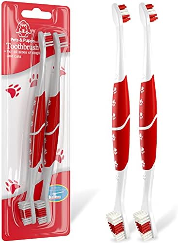 Pet Toothbrush for Dogs, Cats with Soft Bristles - Easy Teeth Cleaning & Dental Care, Non Slip Dual Head Dog Toothbrush for Medium & Large Pets, Toothpaste Not Included, Pack of 2 Red