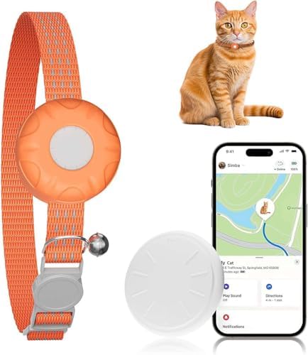 Cat Tracker, GPS Tracker Compatible with Apple Find My App(Only iOS), Waterproof Cat Tracker Collar with Bell and Safety Elastic Buckle, No Monthly Fee Pet Trackers for Vehicles, Pets, Kids,Orange