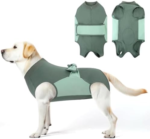 SAWMONG Zipper Recovery Suit for Dogs, Cotton Dog Surgery Suit Female Spay Pet Male Breathable, Neuter Onesie Bodysuit Prevent Licking Wounds, Substitute E-Collar & Cone(Green, Small)