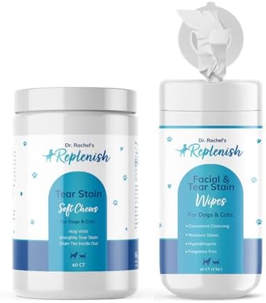 Replenish Tear Stain Remover Eye Care Bundle for Dogs & Cats – Dr. Rachel’s Tear Stain Chews & Facial Wipes – Tear Stain Supplement & Tear Stain Wipes for Eye Discharge & Crust