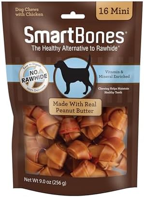 SmartBones Mini Bones Rawhide-Free Dog Treat, Real Peanut Butter, 16 Count
