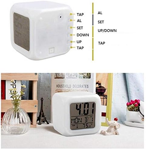 7 Color Change LED Digital Alarm Clock with Date Alarm Thermometer Home Desktop Child Alarm Clock White and Tan English Bulldog Lying on Black Rug