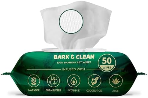 Bark & Clean Dog Wipes for Paws and Butt, 50 Count, Extra Large, Thick 8.5" x 9" Hypoallergenic Bamboo Puppy Compostable Cleaning & Deodorizing Grooming Wipes with Lavender