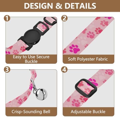 2 Pack Puppy Collar Paw Print Pink Decorative Pet Collar with Bell, Adjustable Length 10.6" to 17.1"