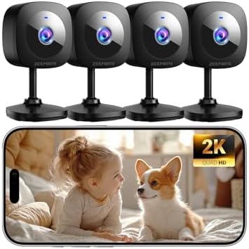 ZEEPORTE 2K Indoor Cameras for Home Security - Baby Monitor and Dog Pet Camera with Motion Detection, 2-Way Audio, Night Vision, Siren, Wired Security Camera (4-Pack)