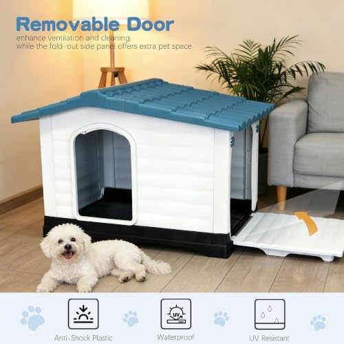 Elevated 2-Door Plastic Dog House Kennel with Fold-Out Porch