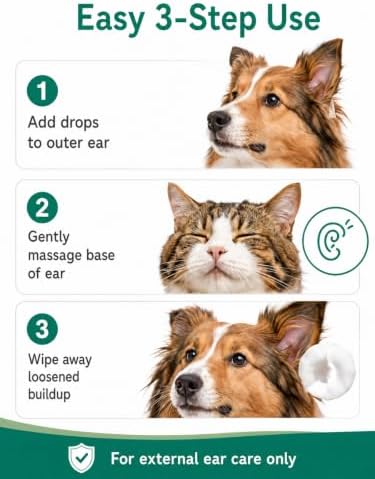 Gentle Ear Cleaning Solution for Dogs & Cats | Itchy Ear Relief, Ear Canal Cleaner & Deodorizer | Daily Ear Wash for Puppies, Kittens & Pets – Safe