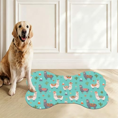 Llama Mint Green Dog & Cat Food Mat Bone Shaped Pet Feeding Mat