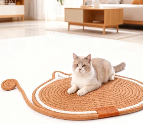 Cat Scratcher Mat Natural Cotton Rope Oval Horizontal Floor Cat Scratch Bed Pad with Ball Toy Protector for Furniture Floor Wall (Brown, 1PC)
