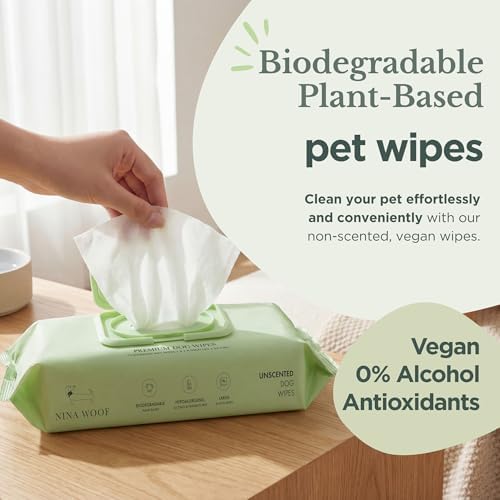 Nina Woof Dog Wipes – Fragrance-Free, Alcohol-Free, Hypoallergenic Pet Grooming Wipes with Aloe Vera, Biodegradable, for Dogs & Cats: Paws, Face, Ears & Butt – 2-Pack (140 Count)