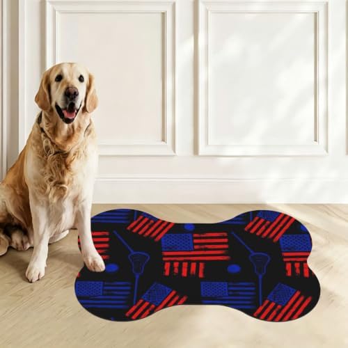 Lacrosse Sticks Ball American Flag Black Pet Mats for Food and Water