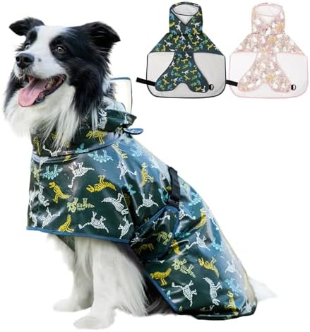 Dog Raincoat,Dog Rain Jacket Poncho with Hood and Leash Hole(Dinosaur,L)