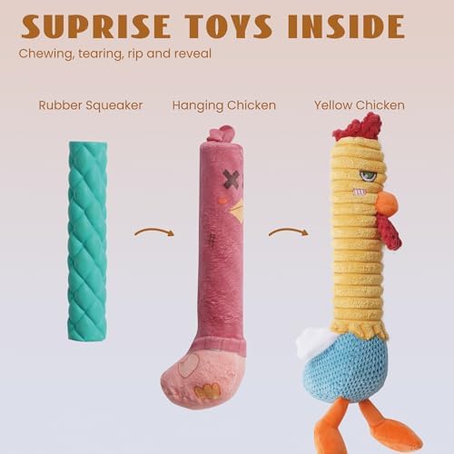 Nocciola 3 in 1 Rip and Reveal Chicken Dog Toy, Suprise Toys Inside- Durable Stuffed Squeaky Crinkle Chew Animal Toy for Medium Large Breed, Funny Cute Teething Keep Busy Pet Supplies