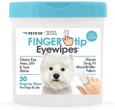 Petkin Fingertip Eye Wipes for Dogs and Cats, 50 Finger Wipes - Slip-On, Snug Fit, Micro-Bristle Fabric - Cleans Eye Area, Dirt and Tear Stains - Convenient, Ideal for Home and Travel - No Scent