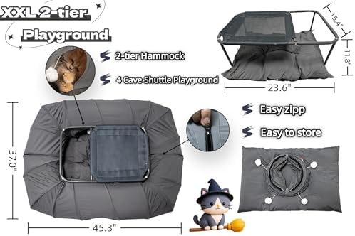 XxingSheep 2-Tier Cat Tunnel & Hammock Bed XXL, 4 Cave Shuttle with Elevated for Multiple Cats Toy Dark Grey