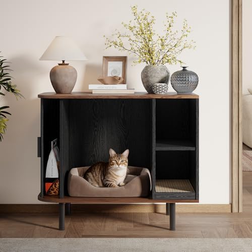 Cat Litter Box Enclosure, Kitty Hidden Litter Box Furniture with Scratch Pad, Modern Indoor Cat House, Sliding Door, Adjustable Shelf for Dog Proof, Black