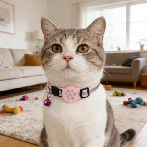 GPS Tracker Collar for Dogs/Cats, Rejustable Tractive GPS Cat Tracker with Real-Time Location, Fit for iOS and Android, Pet Tracker for Safety of Pets' Outdoor Activities (Pink White)
