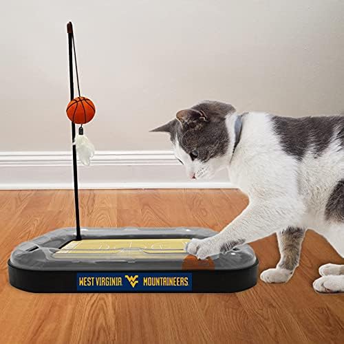 NCAA WEST VIRGINIA Mountaineers REVERSIBLE Basketball Court Felt/Board Cat Scratch Toy with Cat Ball and Wand. Interactive, Catnip-Filled Plush Basketball