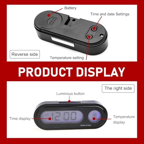 Eratus 1 PC Car 2.95" x 1.1" x 0.7" Digital Clock with Thermometer, Angle Adjustable Dashboard Vent Mini LCD Luminous Large Screen Clock, Black