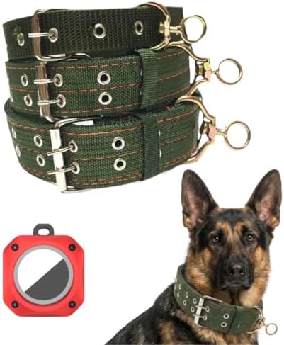 Tactical Heavy Duty Nylon Dog Collar for Large & Medium Dogs - Includes AirTag Compatible Case - Double-Lock Buckle & Reinforced D-Ring (Green, Small: Width = 1.2"; Neck = 11" - 15")
