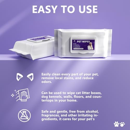 Pet Wipes, Alcohol-Free, Fragrance-Free, Hypoallergenic, for Cleaning and Grooming Dogs and Cats Paws, Face and Hips (80 Wipes)