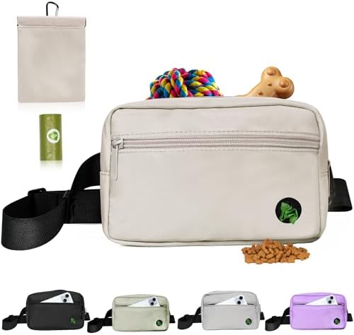 Puppy Dog Treat Pouches for Pet Training Treat Bag, Dog Walking Fanny Pack with Carabiner, Built-in Poop Bag Dispenser & Reuse Dog Poop Holder, Puppy Pet Treat Waist Belt (Cream)