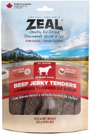 ZEAL Natural Beef Jerky Tenders for Dogs, 100% Real Canadian Beef, High Protein 24%, Soft Training Treats, Air-Dried, Grain Free, Made in Canada, 10oz