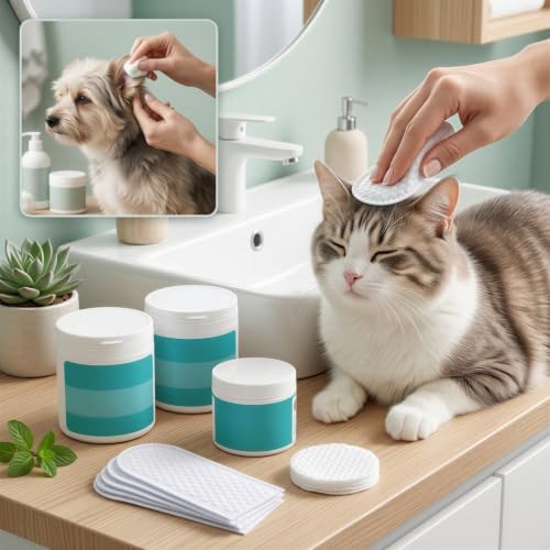 Pet Eye, Ear and Tooth Wipes Set, 100 Sheets Eye Cleaning Pads, 50 Sheets Finger Cover Ear Wipes, 50 Pieces Dental Pads, 2.8 x 2.8 x 2.4 in and 3.0 x 2.0 x 3.3 in Containers, for Dogs and Cats