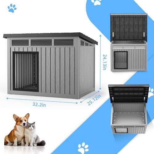 VIXZEN Dog House Indoor Outdoor,Waterproof Dog House for Small to Large Dogs,Doghouse with Air Vents & Elevated Floor,Openable at the Top,Easy to Assemble & Clean, Grey