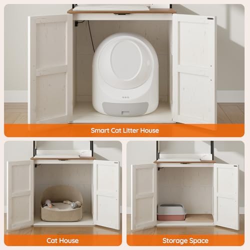 HOOBRO Cat Automatic Litter Box Enclosure Furniture, 30.5" L x 26.8" W x 61" H, Hidden Robotic Litter Box Cabinet, Dog-Proof Shelf with Charging Station, Scratching Mat, Bowls, White WH68UMZ03