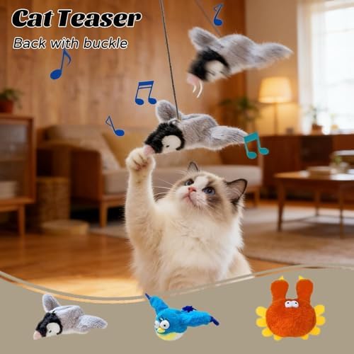 Interactive Flying Bird Cat Toy with Flapping Wings & Chirping Sounds - Rechargeable Cat Toys Interactive for Bored Indoor Adult Cats, Electric Simulation Pet Toy for Cats & Dogs (Grey)