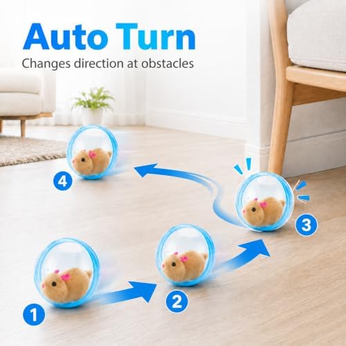 Self Rolling Interactive Cat Ball, Automatic Moving Cat Toy with Plush Animal Inside, 360° Rolling Cat Chasing Ball with Transparent Ball for Cats Dogs Small Pets (Blue,White/Brown Mouse)