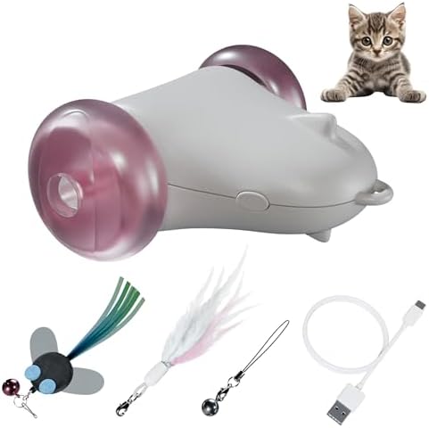 Rolling Rover – Interactive Cat Toy with RGB Wheels, Automatic Moving Mouse-Shaped Design, Feather Butterfly and Bell Attachments, Smart Motion Activated for Indoor Cats & Kittens (Pink)