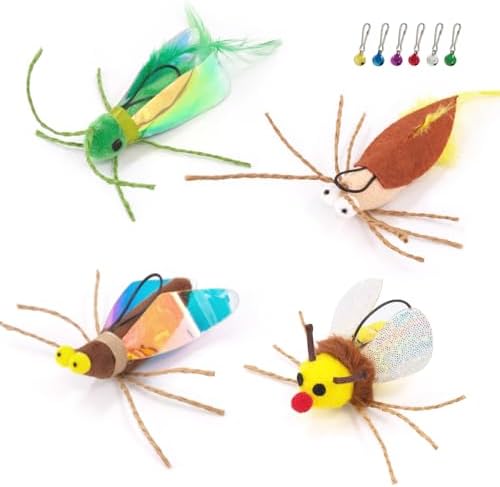 SONGWAY Cat Toy Wand Refill Bugs - 4 Pieces Cat Bug Toys Replacement, Teaser Wand Toy Attachments, Interactive Insect Feather Toys for Cats Kittens