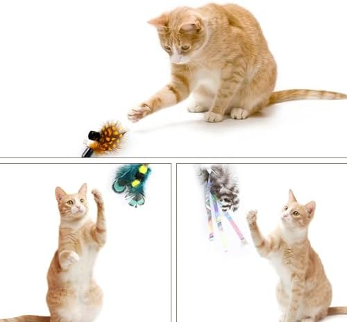 Cat Insect Feather Toys Replacement Cat Toy Wand Refills, 6 Pieces Natural Insect Cat Toy Feathers Refill, Interactive Cat Teaser Wand Attachments, with Bell