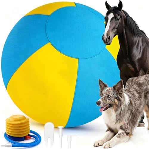 Sheepdog Herding Ball 10/18/22/25 Inch, Heavy-Duty Double-Layer Anti-Burst Tear-Resistant Interactive Dog Toy with Air Pump Washable Cover for Indoor Outdoor Play (Blue + Yellow, 25 in)
